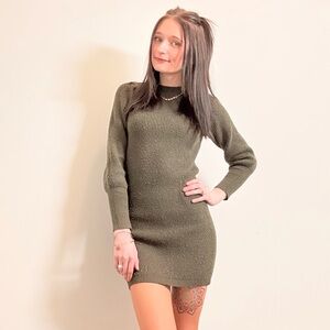 Lulus Loving You Fondly Green Ribbed Knit Balloon Sleeve Sweater Dress - Size XS